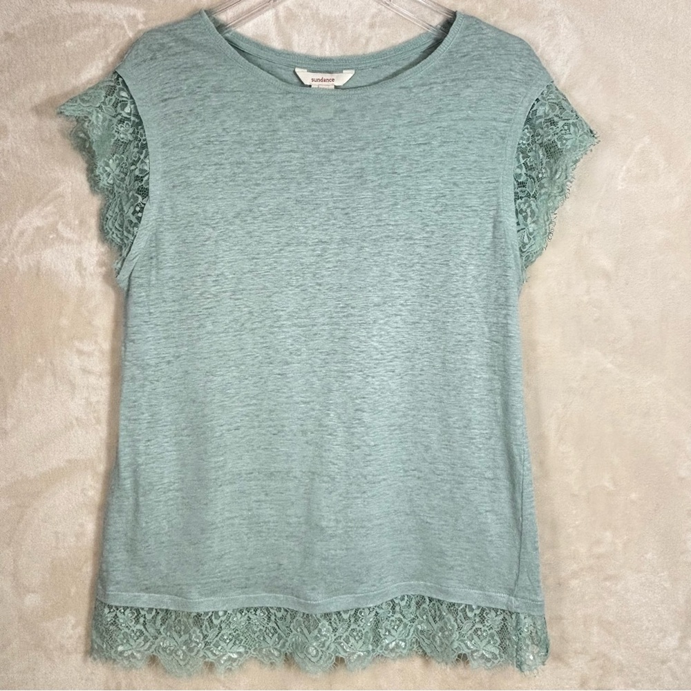 Sundance Women’s 100% Linen Lace Trimmed Feminine Flirty Short Sleeve Top Size S